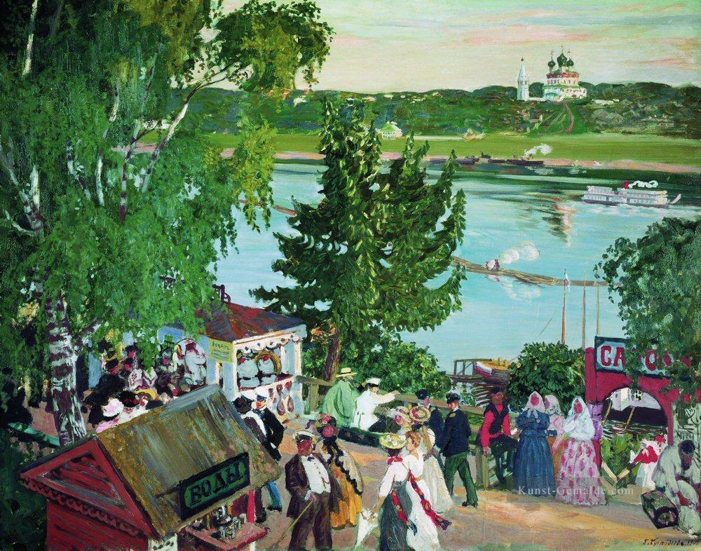 Promenade entlang der Volga 1909 Boris Mikhailovich Kustodiev Flusslandschaft Ölgemälde